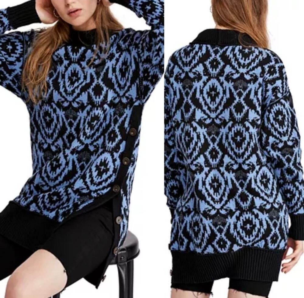 Free People Wallpaper Black and Blue Oversized Tunic Sweater Dress NEW Medium